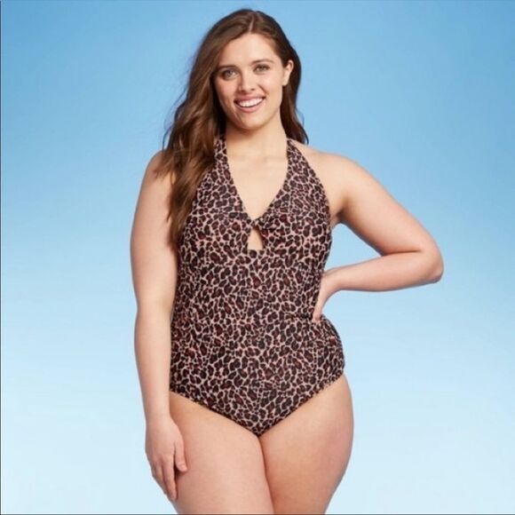 One Piece Swimsuit Brown Leopard Print Halter - Picture 1 of 4